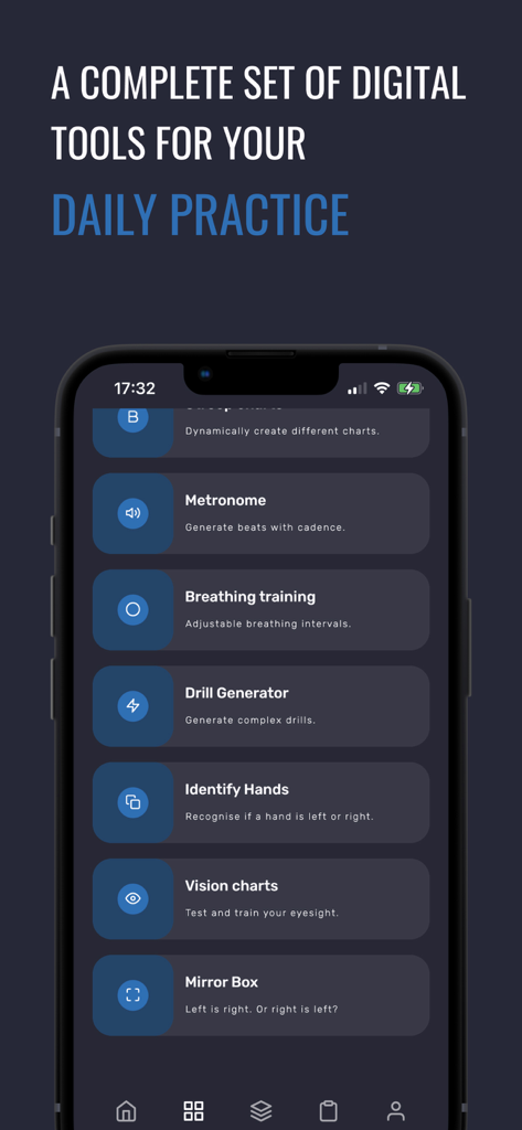 neurally -brain based training - Interface of the Neurally app showing a list of professional neurocentric training tools like metronome and drill generator