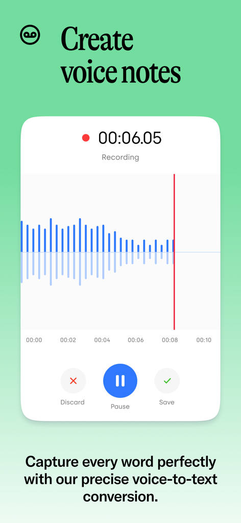 Call Recorder for iPhone Calls - L'interface d'enregistrement de l'application Enregistreur d'appels pour iPhone montrant une forme d'onde sonore et des boutons pour supprimer, mettre en pause ou enregistrer une note vocale.