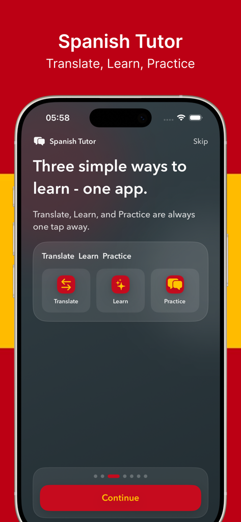 Spanish Tutor mobile app screen highlighting translate learn and practice features on an iPhone