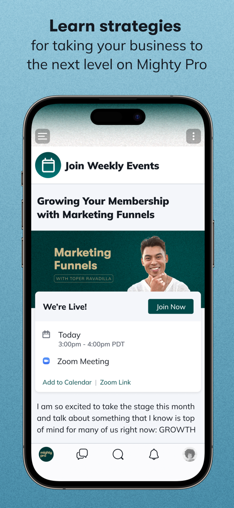 Mighty Pro - Mighty Pro mobile app interface showing a live business strategy event
