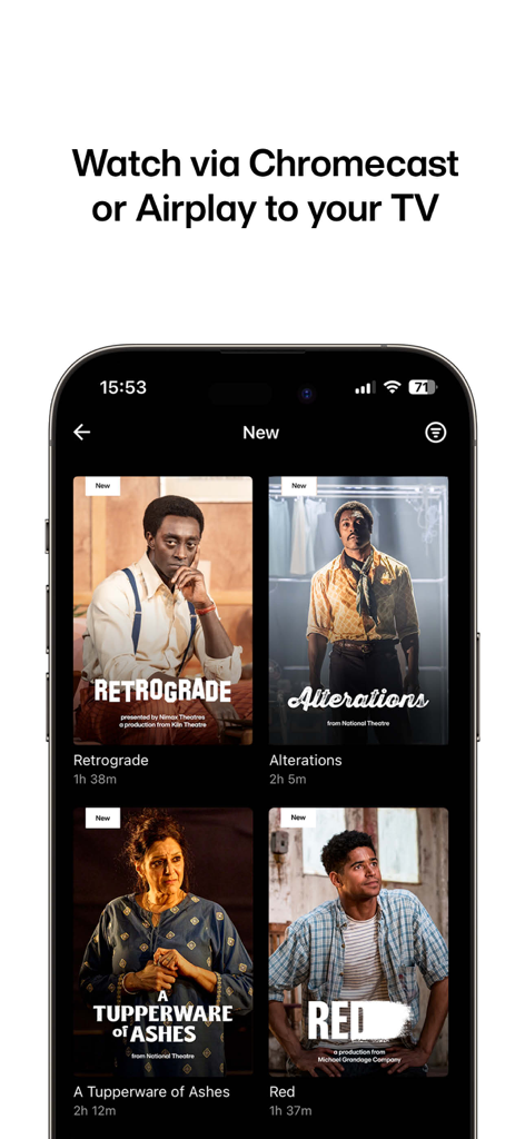Ein Screenshot der National Theatre at Home App, der verfügbare Stücke und eine Meldung über Chromecast- und Airplay-Unterstützung anzeigt