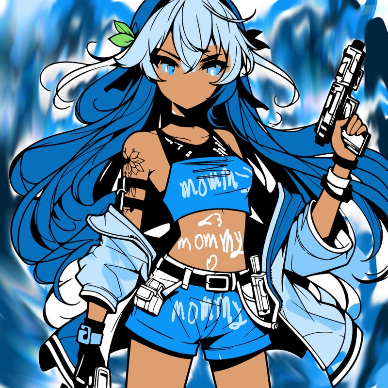 bad girl wearing crop top holding a gun long hair anime