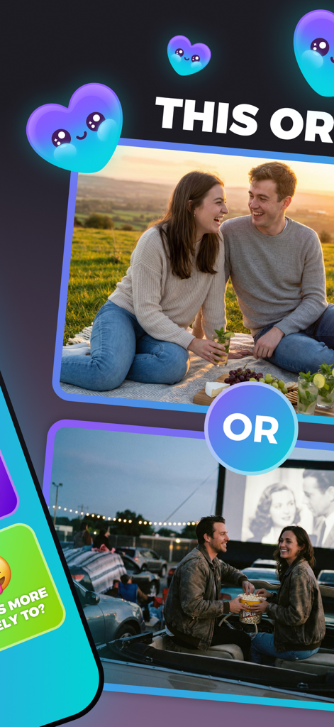Un jeu de décision 'Ceci ou Cela' sur l'application Lovio montrant un choix entre un pique-nique et une soirée cinéma en voiture.