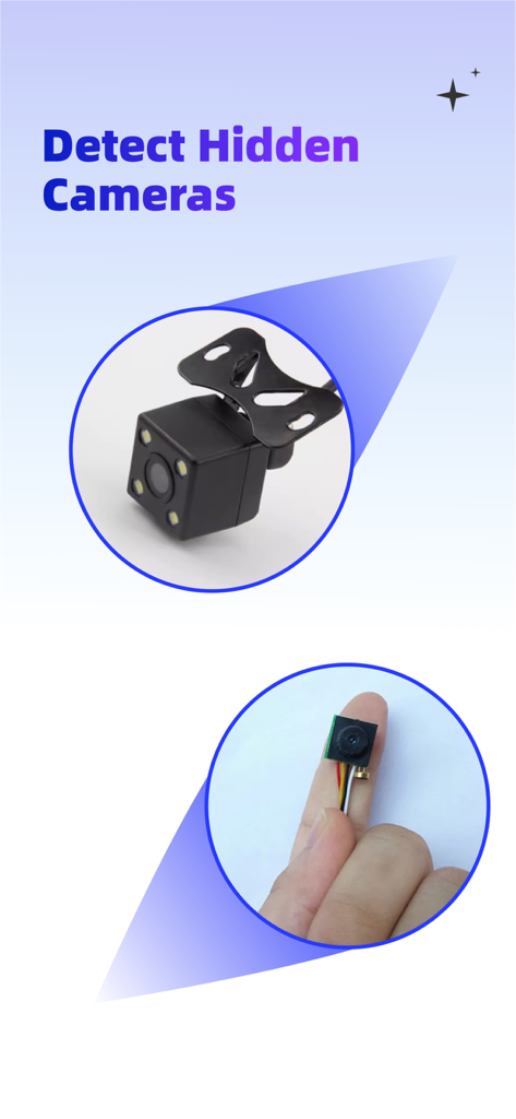 Hidden Camera Detector Pro+ - 小さな盗撮カメラの例と「隠しカメラを検出」というテキストが表示されたグラフィック