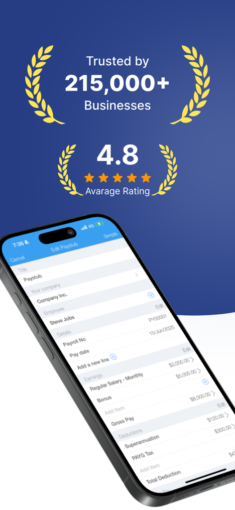 Paystub Maker mobile app showing a four point eight star rating trusted by over two hundred thousand businesses and a paystub editing screen