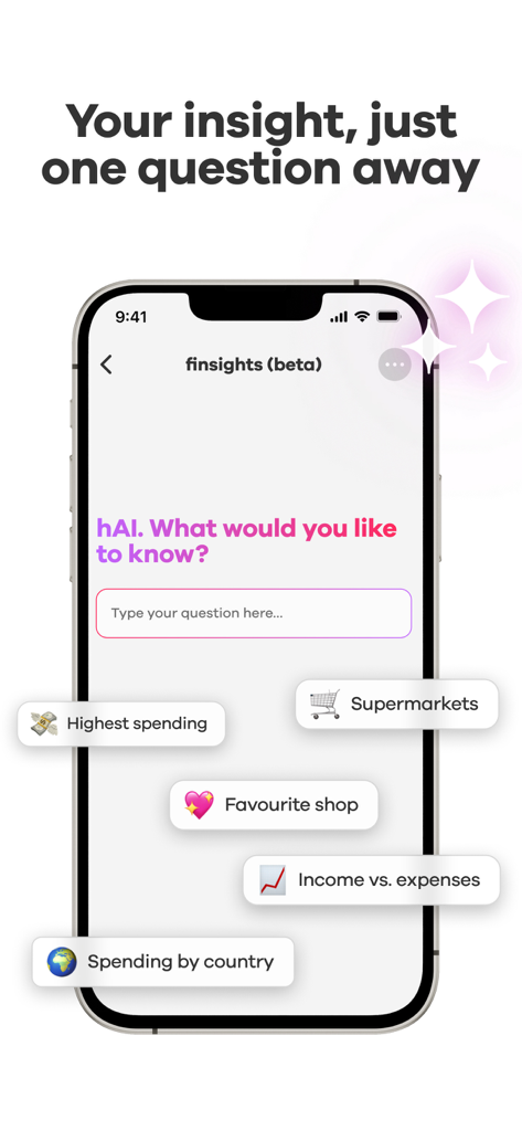 Interfaz de la aplicación neon mostrando el asistente de IA 'finsights' para rastrear gastos e ingresos