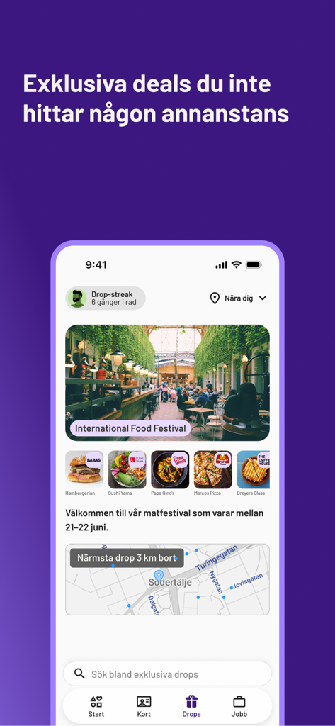 Interfaccia dell'app weStudents che mostra offerte esclusive di cibo e una mappa dei drop locali per studenti