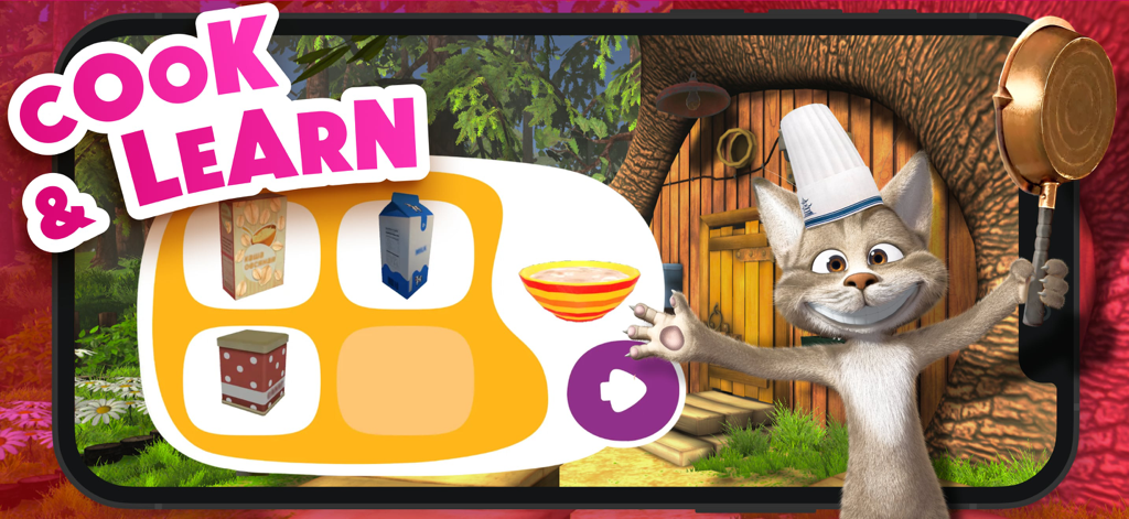 Masha and the Bear: Cook food - Un personaje Lobo con un gorro de chef sosteniendo una sartén junto a ingredientes de cocina y un tazón de comida.