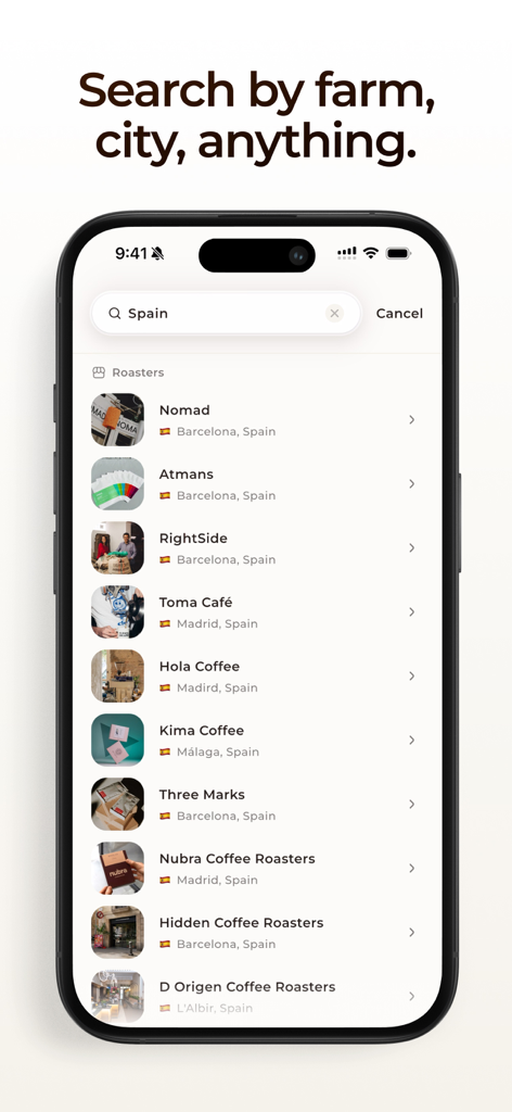 A search results screen in the Coffi app showing a list of specialty coffee roasters in Spain.
