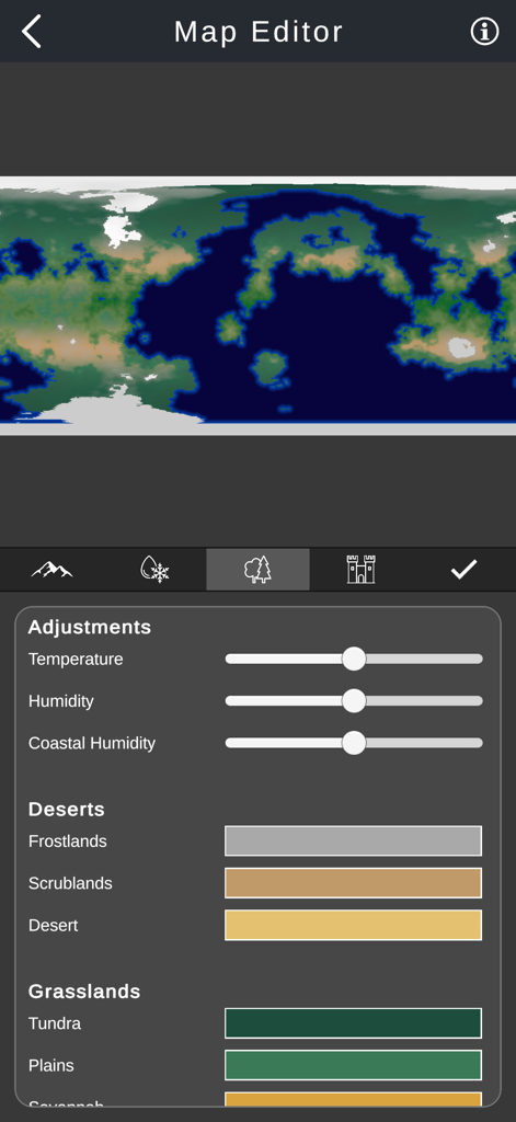 Cartographer 2 RPG World Maker - Screenshot of the Cartographer 2 map editor interface showing sliders for temperature and humidity adjustments and color customization for biomes like deserts and grasslands