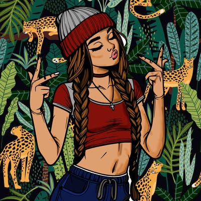 realistic teenage girl with braids and a beanie and crop top doing 🫶🏼