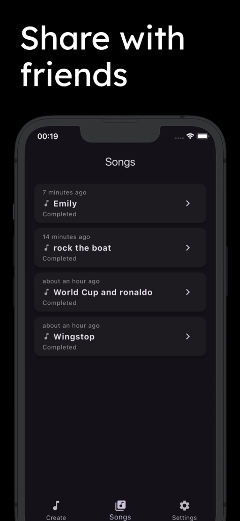SongGenius: AI Music & Lyrics - SongGenius app interface showing a list of AI-generated songs in the user library