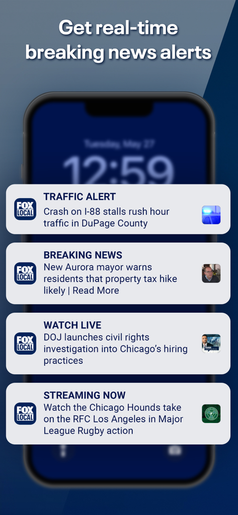 A smartphone displaying four push notifications for traffic, breaking news, live investigations, and sports from the FOX LOCAL app