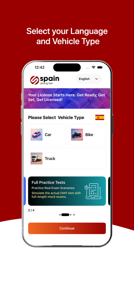 Selection screen for the Spanish Driving Licence Test app with options for English language and vehicle types Car Bike or Truck