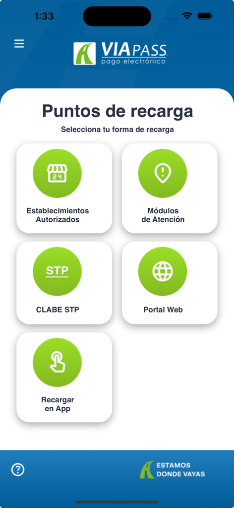 Viapass Telepeaje - Interface of Viapass app showing different options to recharge the electronic toll account