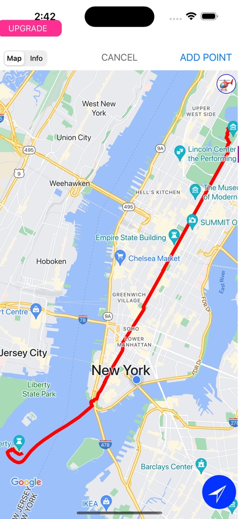 r.485 - Navigation and more! - iPhone screenshot showing a custom red route planned through New York City in the r.485 navigation app