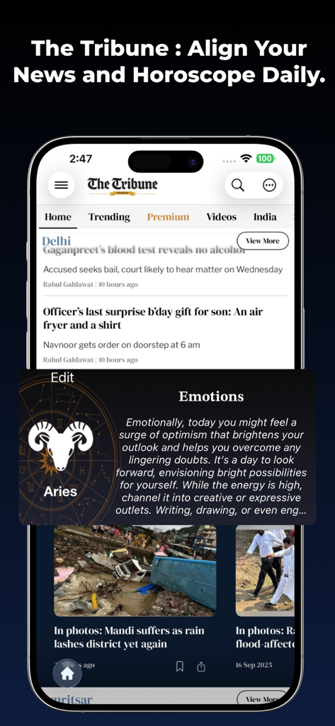 The Tribune - The Tribune mobile app displaying a news article feed and a daily horoscope section for Aries.