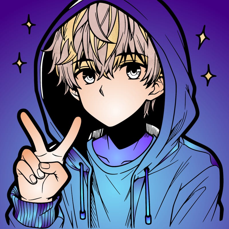teenage manga boy in a hoodie, doing ✌