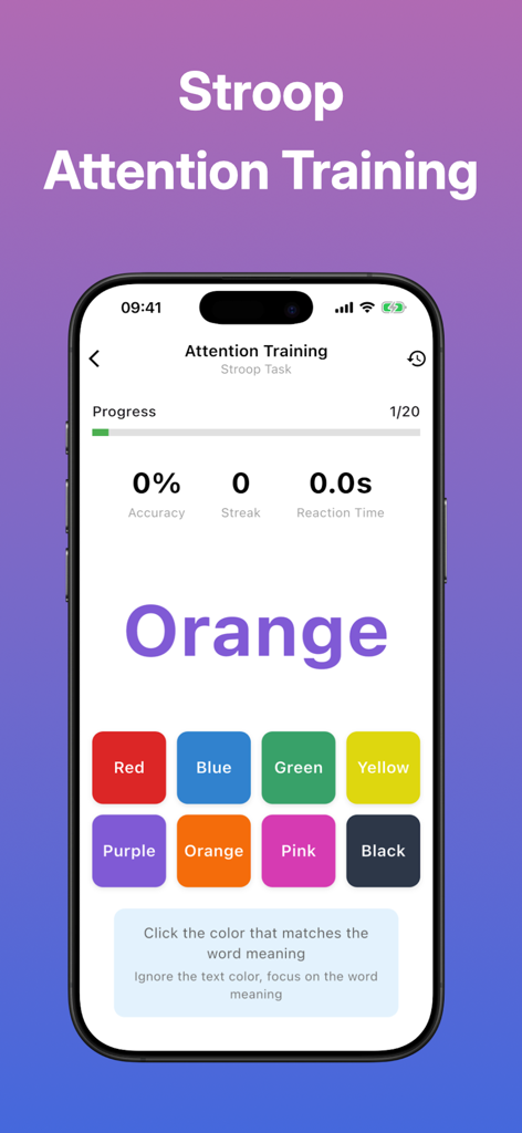 MindFit - Your Brain Gym - Mobile interface of MindFit app showing a Stroop test for attention and focus training.