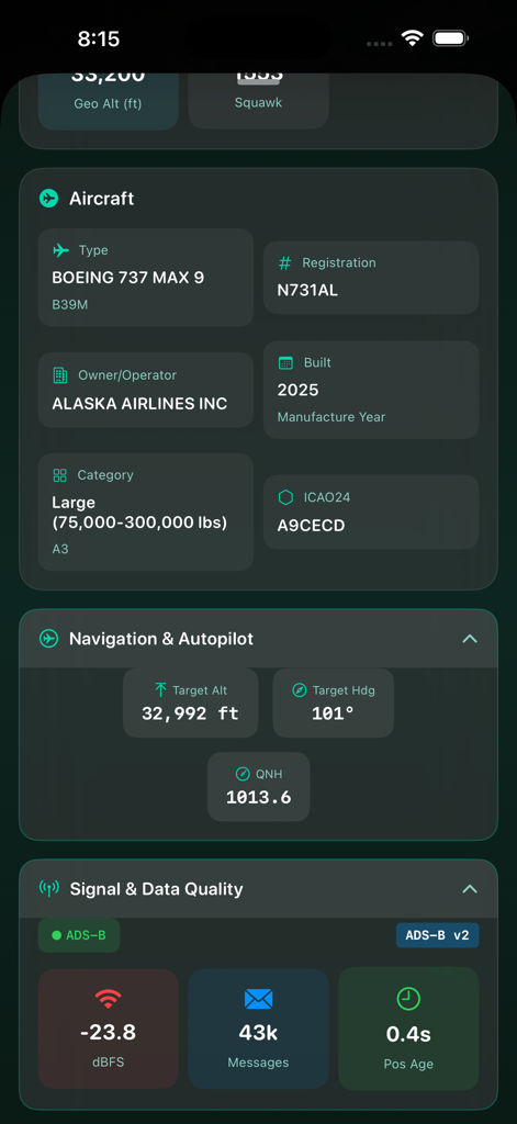 FlightTrackAI - Spécifications techniques et données de navigation d'un Alaska Airlines Boeing 737 MAX 9 sur l'application mobile FlightTrackAI