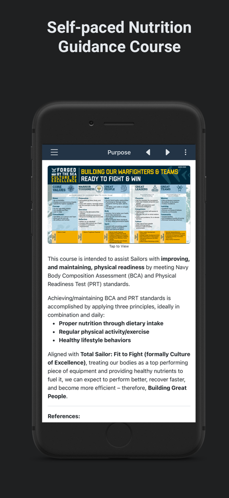 Official Navy PFA - Official Navy PFA app screen showing self paced nutrition guidance course details