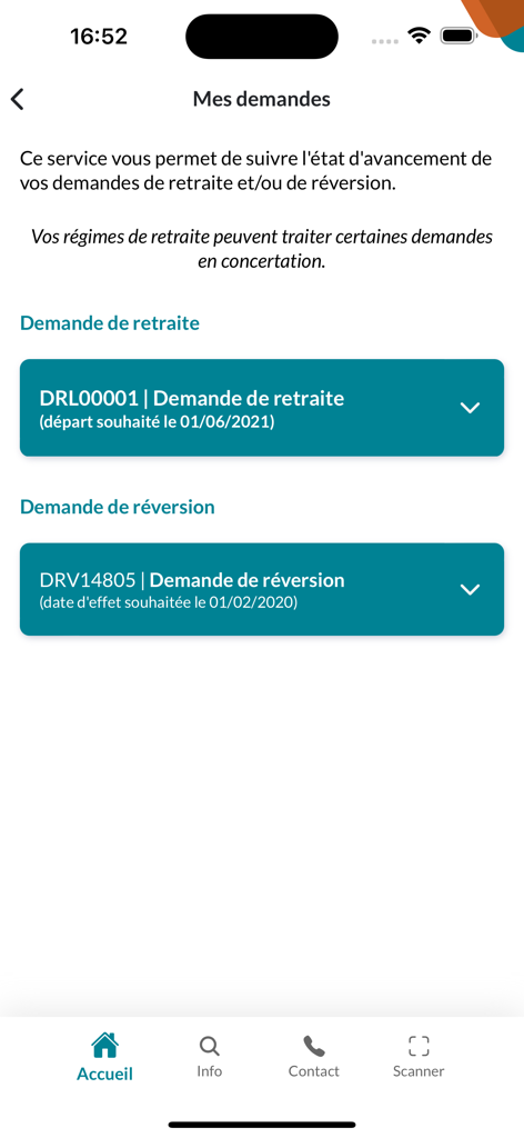 Mobiler Bildschirm der App 'Mon compte retraite', der den Status von Renten- und Hinterbliebenenrentenanträgen anzeigt.
