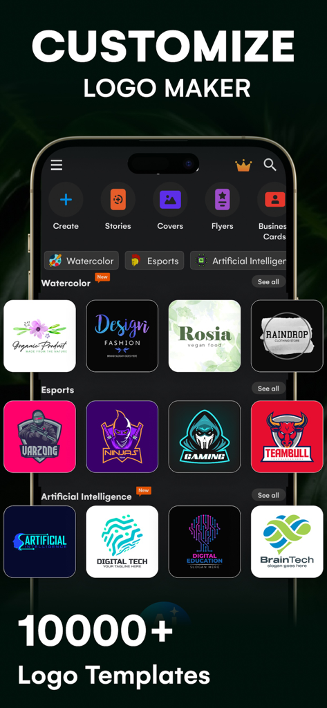 Uma tela de smartphone exibindo vários modelos de logotipo para aquarela, esports e designs de IA.