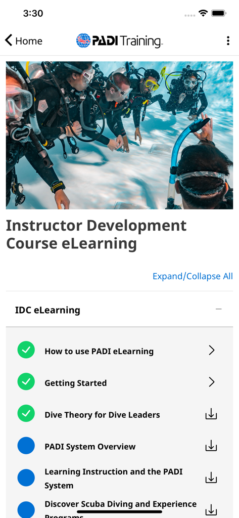List of Instructor Development Course eLearning modules in the PADI Training app