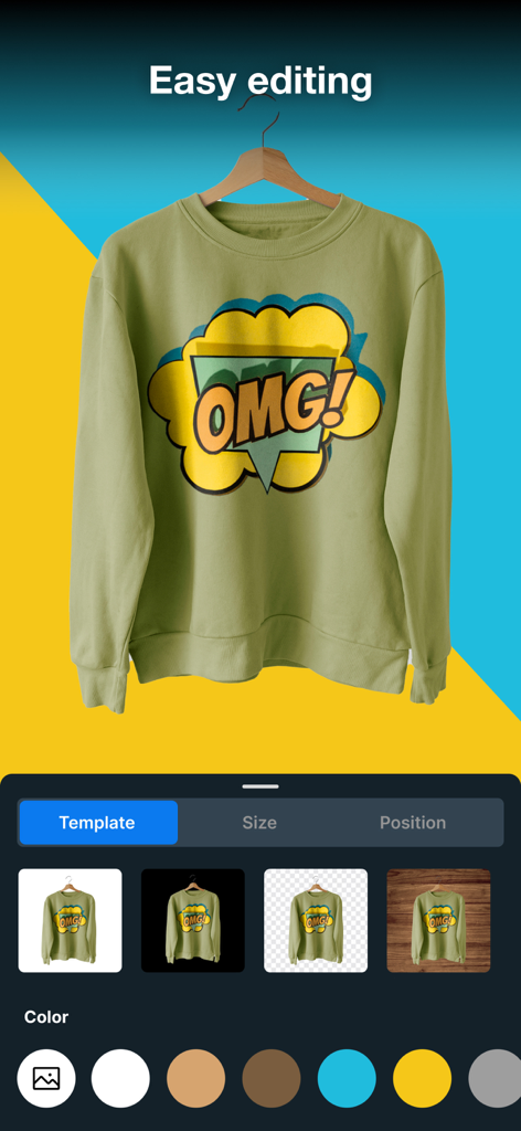 Background eraser · remove BG - Interfaz de la aplicación de borrador de fondos con IA que muestra una sudadera con diferentes plantillas de color y textura