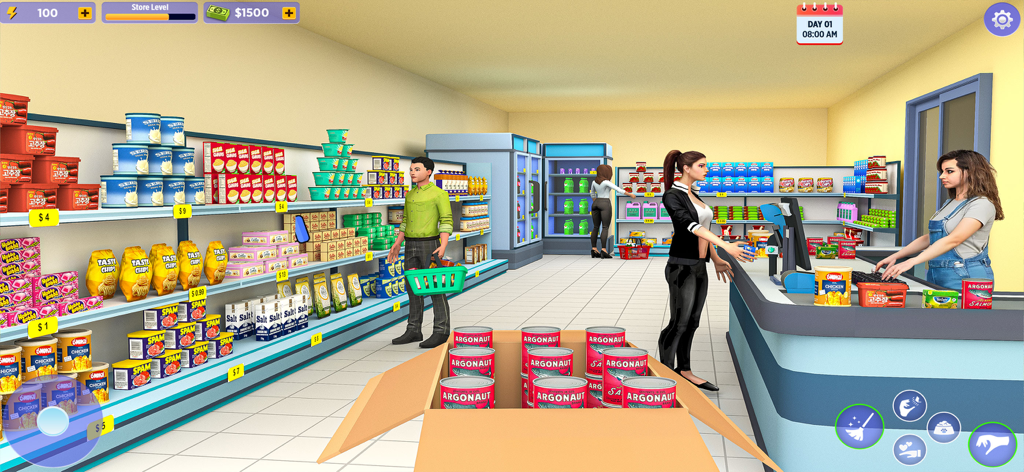 Dog Food Supermarket Simulator - A supermarket interior showing a cashier serving a customer and shelves filled with pet food items.