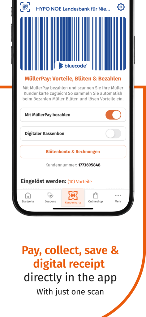 Müller app screen showing a digital customer card with a barcode for payments and rewards
