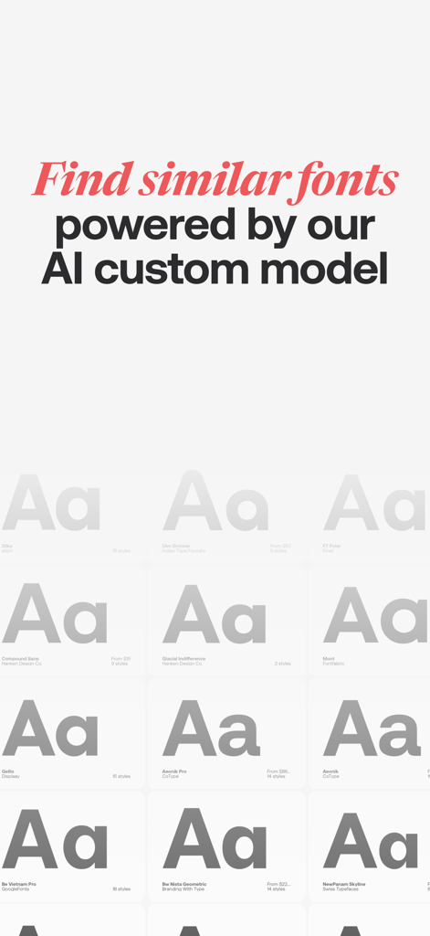 Fonts Ninja app interface showing AI powered similar font discovery and a library of typography