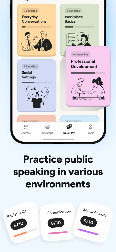 Communication Skills: PatterAI - Mobile app screen showing public speaking scenarios like workplace basics and social settings with performance scores