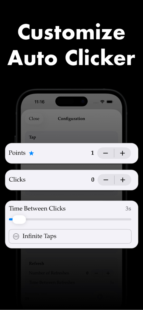 Auto Clicker - Auto Click AI - Interfaccia per la personalizzazione delle impostazioni dell'auto clicker, inclusi punti, click e intervalli di tempo