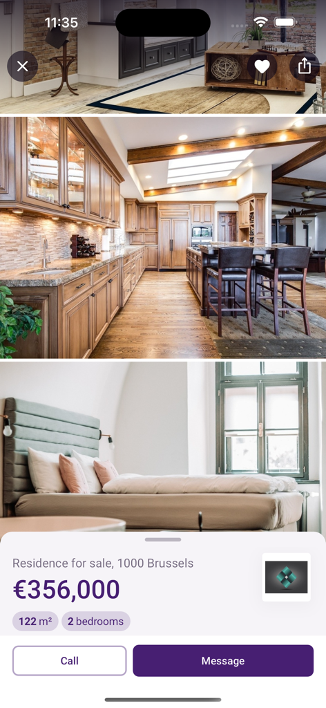 Immovlan - Immovlan app interface displaying a real estate listing in Brussels with high quality interior photos and price details