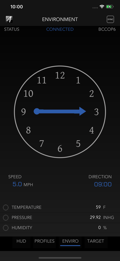 Applied Ballistics Connect environment screen showing wind direction dial wind speed and atmospheric data like temperature and pressure
