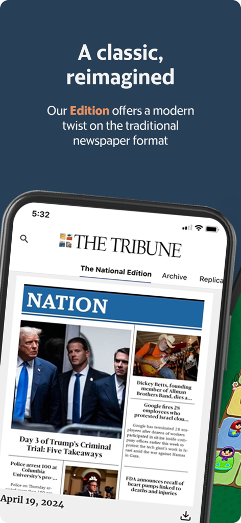 Smartphone displaying the digital daily edition of the SLO Tribune News app.