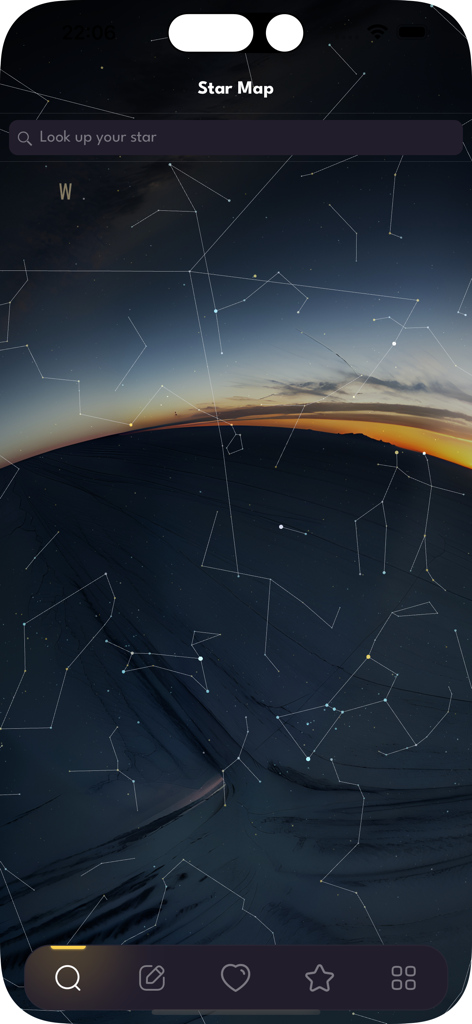 A mobile app screen showing a night sky star map with constellation outlines and a search bar to locate a registered star.