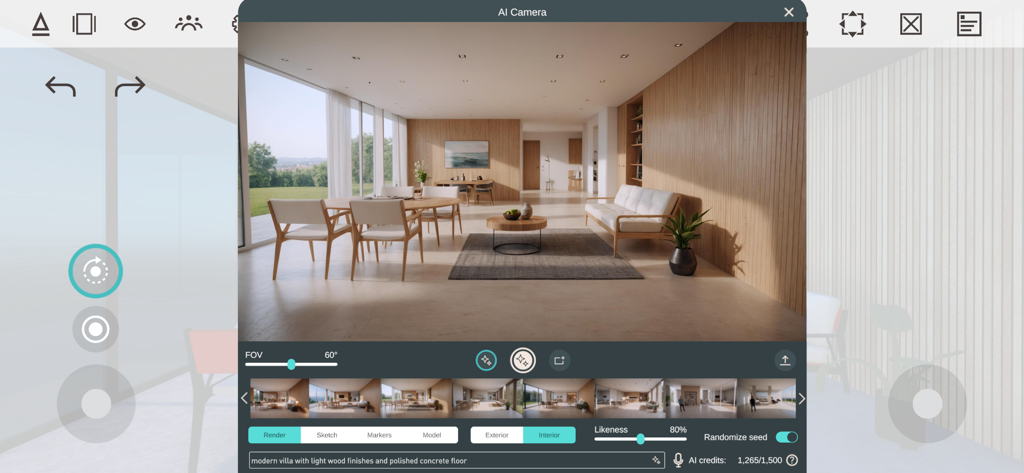 Arkio - Arkio AI Camera interface displaying a photorealistic interior design render