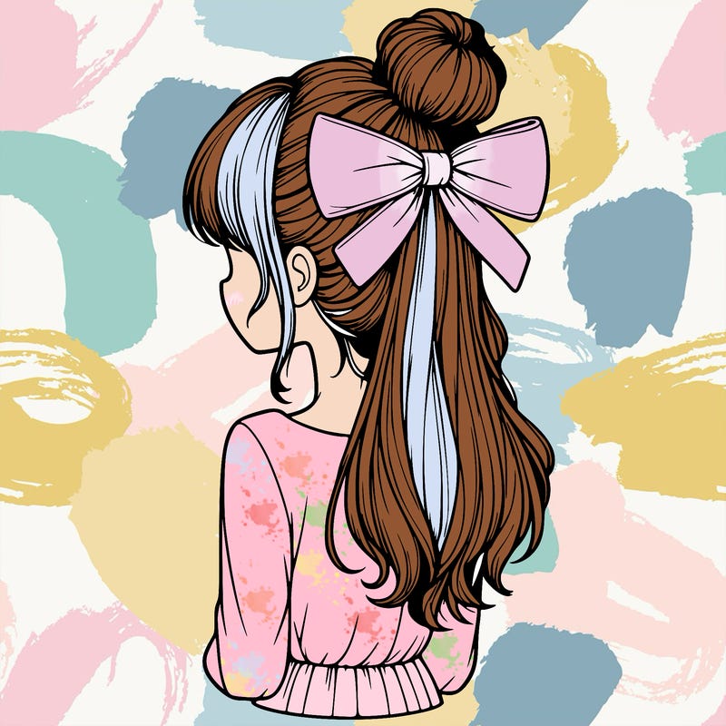 realistic girl  with hip length hair a bun and a big bow on the back of head