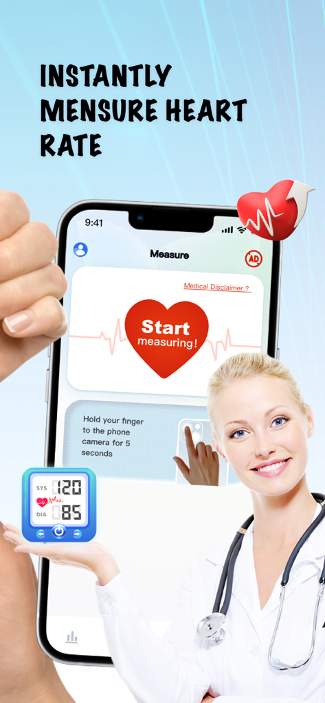 Blood Pressure: Health monitor - Mobile app interface showing heart rate measurement tool with a doctor and digital blood pressure monitor icons