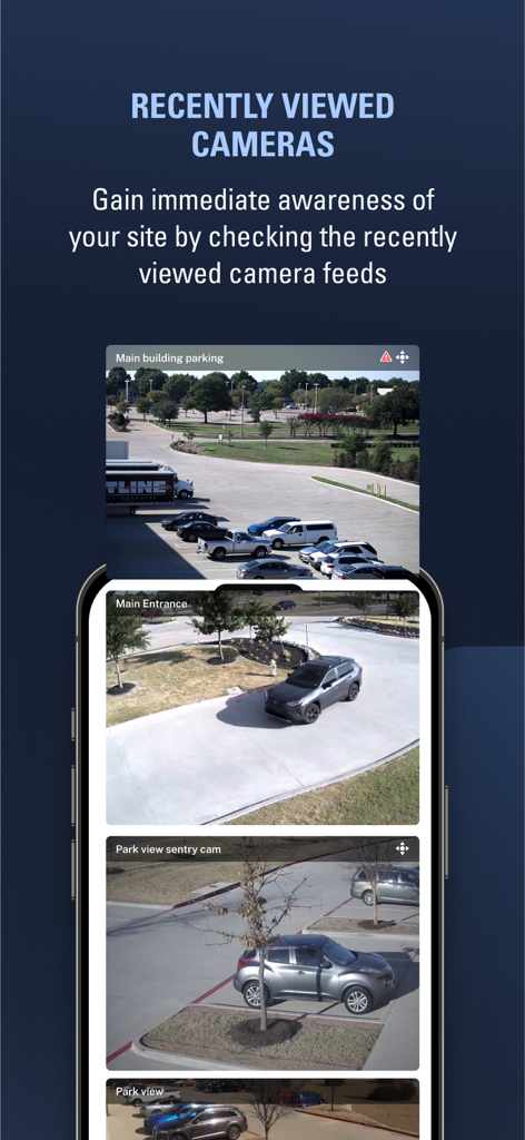 Avigilon Unity Video - Avigilon Unity Video mobile app interface showing multiple security camera feeds on a smartphone screen.