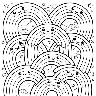 Unleash your creativity with this delightful Kawaii Supernumerary Bows coloring page, featuring a playful cluster of smiling rainbows. This charming design is perfect for bringing a splash of vibrant colors to a world of adorable, overlapping arcs.