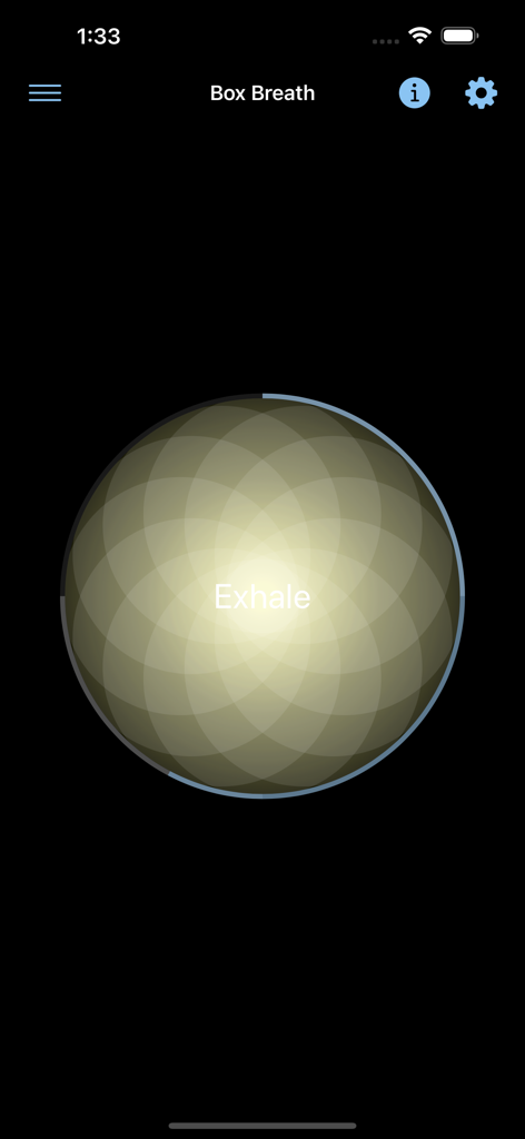 Breathe Bubble - Breathe Bubble app interface showing the exhale phase of a box breathing exercise with a glowing geometric sphere