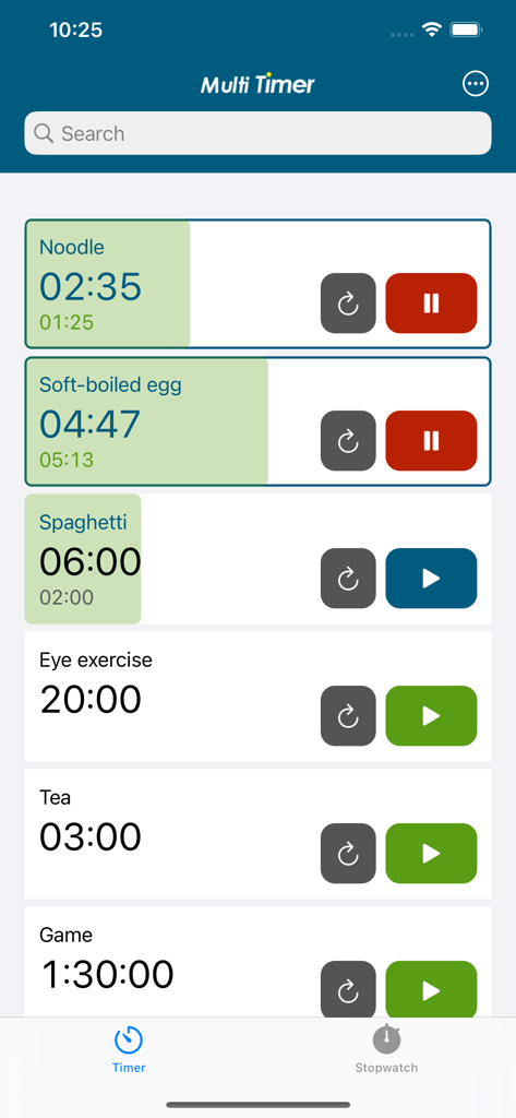 Oberfläche der Multi Timer App, die mehrere aktive und voreingestellte Timer für Aufgaben wie das Kochen von Nudeln und Augenübungen zeigt