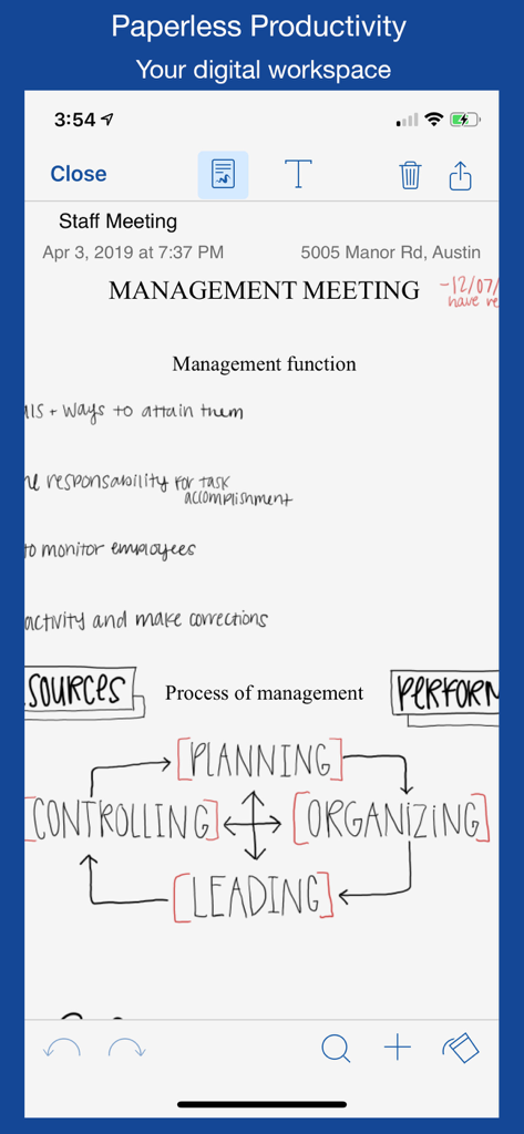 Notate for Microsoft 365 - Handwritten management meeting notes and a process diagram displayed within the Notate for Microsoft 365 app interface.