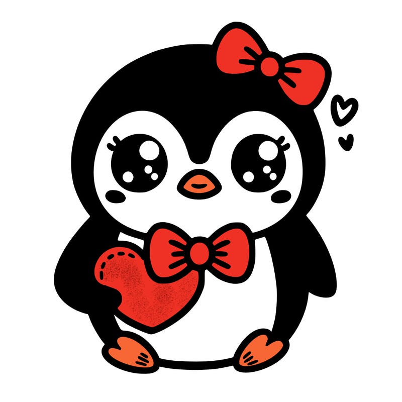 cute penguin with bow tie holding heart
