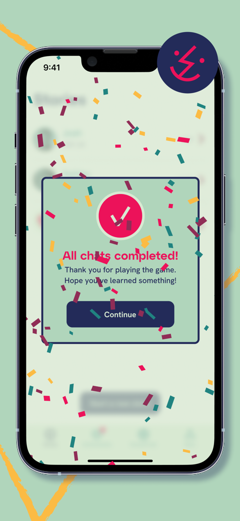 OMG! - A completion screen in the OMG app showing a message that all chats are finished with confetti celebration.