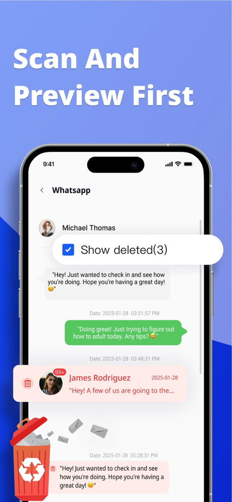 Interface de l'application Gbyte Recovery montrant un aperçu des messages WhatsApp supprimés sur un iPhone.