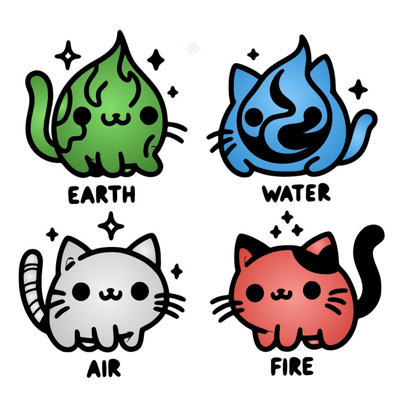 4 cats that represent the different elements, earth, water, air, and fire